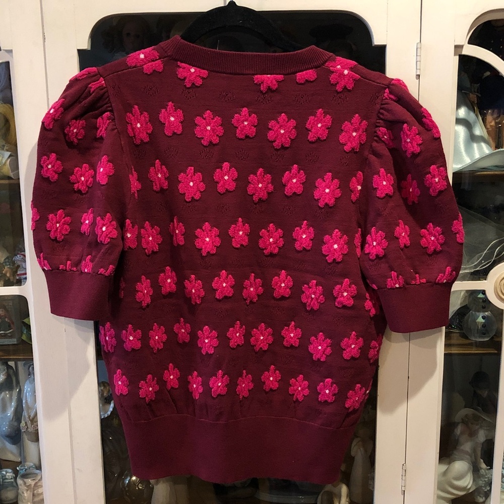 NWOT kate spade Burgundy Sweater with Hot Pink Floral Appliqués - Picture 6 of 13